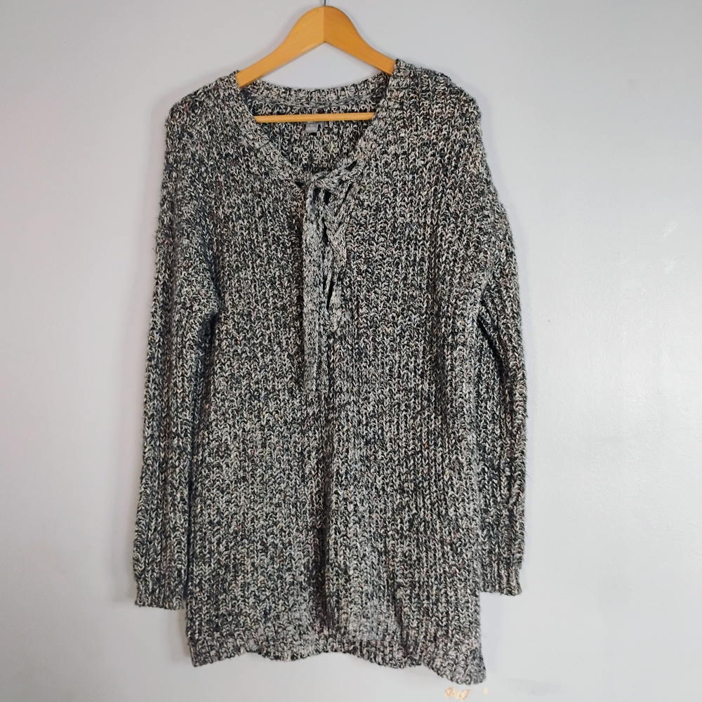 Aerie Knit Top Sweater Women's Size M Gray Confetti Chunky Cable Braided Front